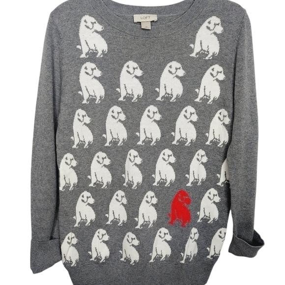 Loft Medium Crewneck Sweater Dogs Puppies Gray Knit Long Sleeve 100% Cotton EUC - Picture 2 of 14